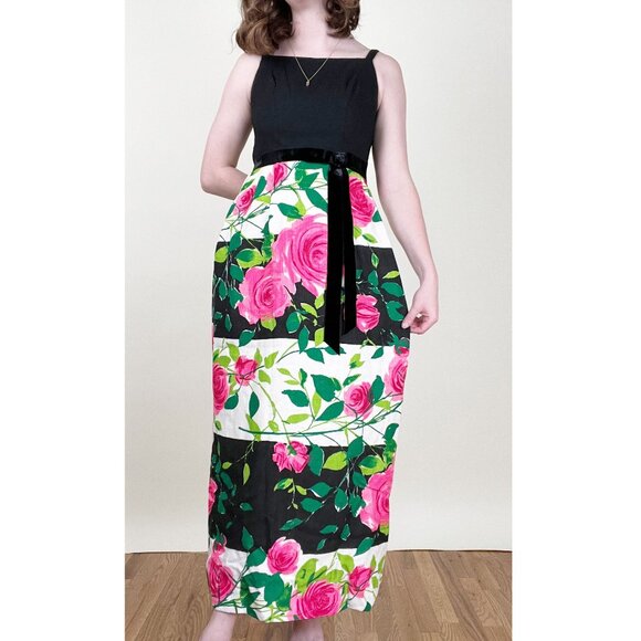 Rare Vintage 60s Union Made Party Dress Maxi Floral Velvet Romantic Handmade 70s - Picture 1 of 9